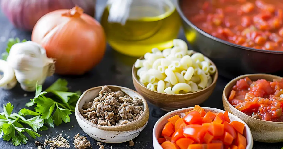 One Pot Meal Pasta Soup: Beef and Tomato Macaroni recipe ingredients